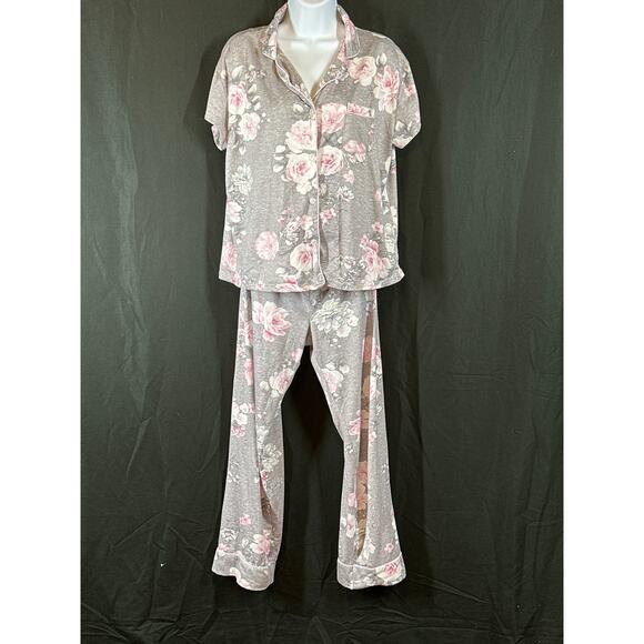 LAURA ASHLEY Pajama Set Pink Rose Grey Long Pants Short Sleeve Quiet Luxury S - Picture 1 of 16